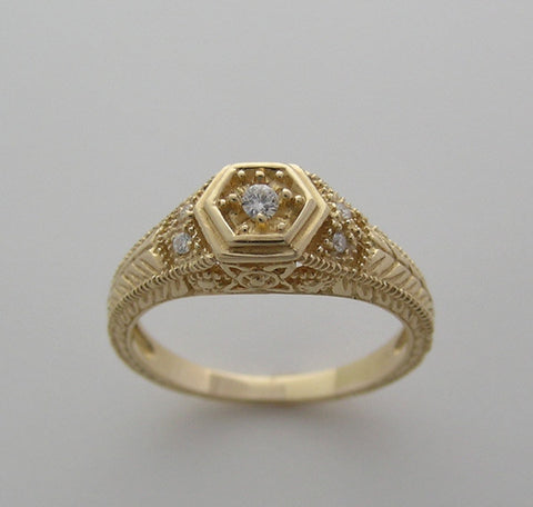 GOLD ART DECO ANTIQUE STYLE DIAMOND RING ENGRAVE DETAILS