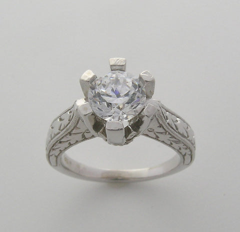 SIX PRONG ENGAGEMENT RING SETTING OR REMOUNT WITH ENGRAVED DETAILS