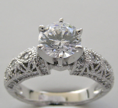 FEMININE ANTIQUE STYLE FILIGREE MILGRAINDED DIAMOND ENGAGEMENT RING SETTING